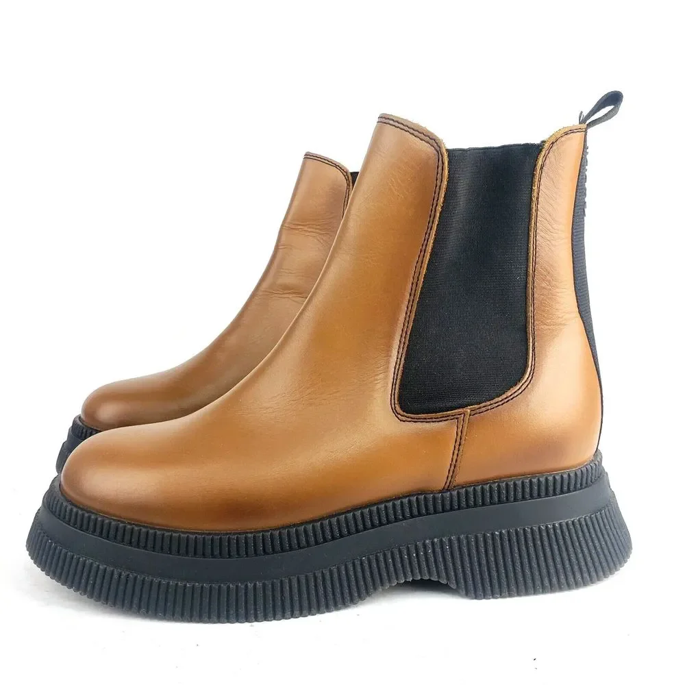 Ganni Womens Ankle Leather Boots Chelsea Platform Brown